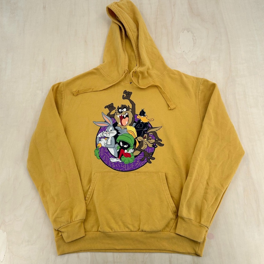 Looney Tunes Graphic Hoodie L Yellow Cotton Blend Bugs Bunny Streetwear 3083